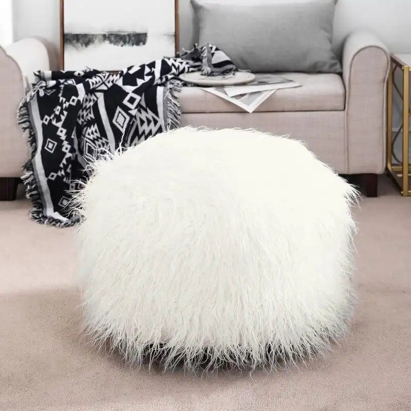 Unstuffed Round Faux Fur Ottoman Pouf Cover - Foot Stool