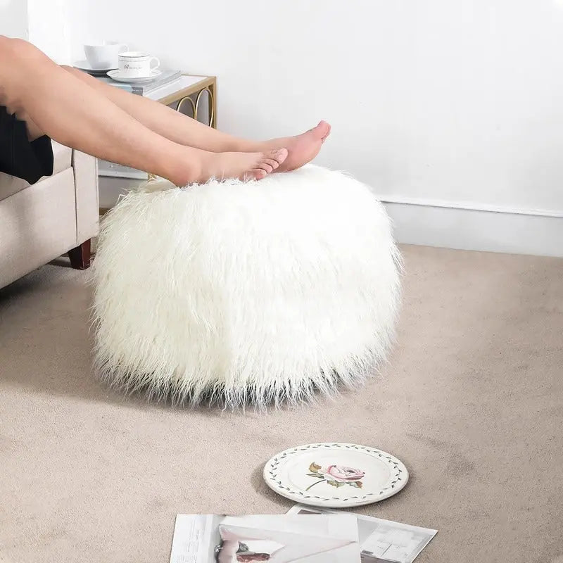 Unstuffed Round Faux Fur Ottoman Pouf Cover - Foot Stool