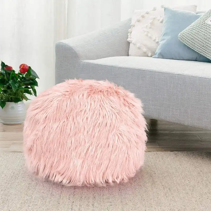 Unstuffed Round Faux Fur Ottoman Pouf Cover - Foot Stool