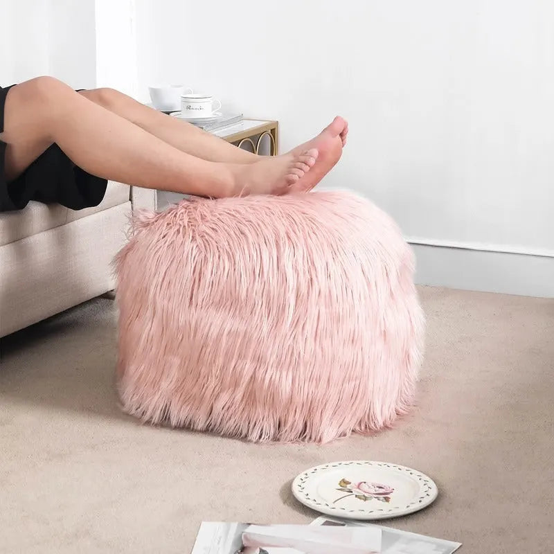 Unstuffed Round Faux Fur Ottoman Pouf Cover - Foot Stool