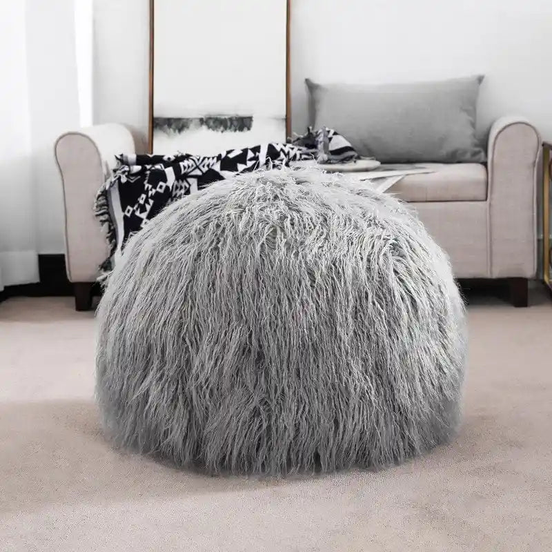 Unstuffed Round Faux Fur Ottoman Pouf Cover - Foot Stool