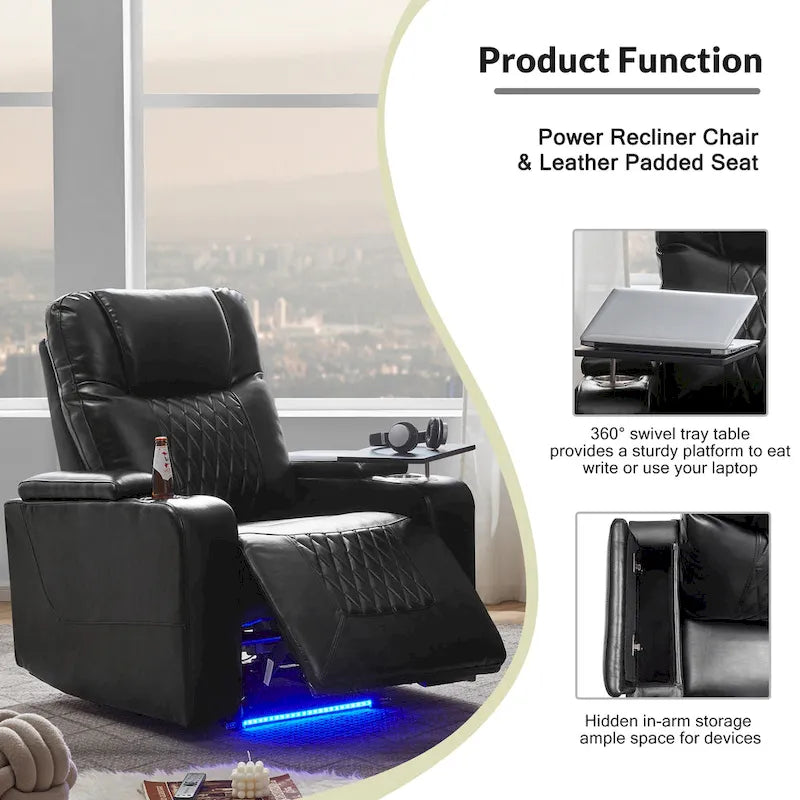 Power Motion Recliner with 2 Cup Holders and 360° Swivel Tray Table