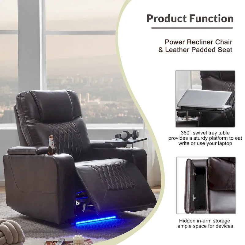 Power Motion Recliner with 2 Cup Holders and 360° Swivel Tray Table