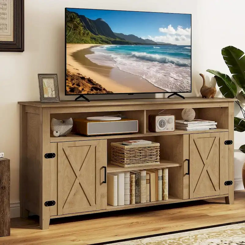 Farmhouse Highboy TV Stand with Barn Door Entertainment Center - Fits 50-65" TVs
