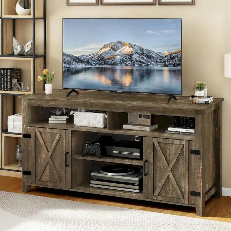 Farmhouse Highboy TV Stand with Barn Door Entertainment Center - Fits 50-65" TVs