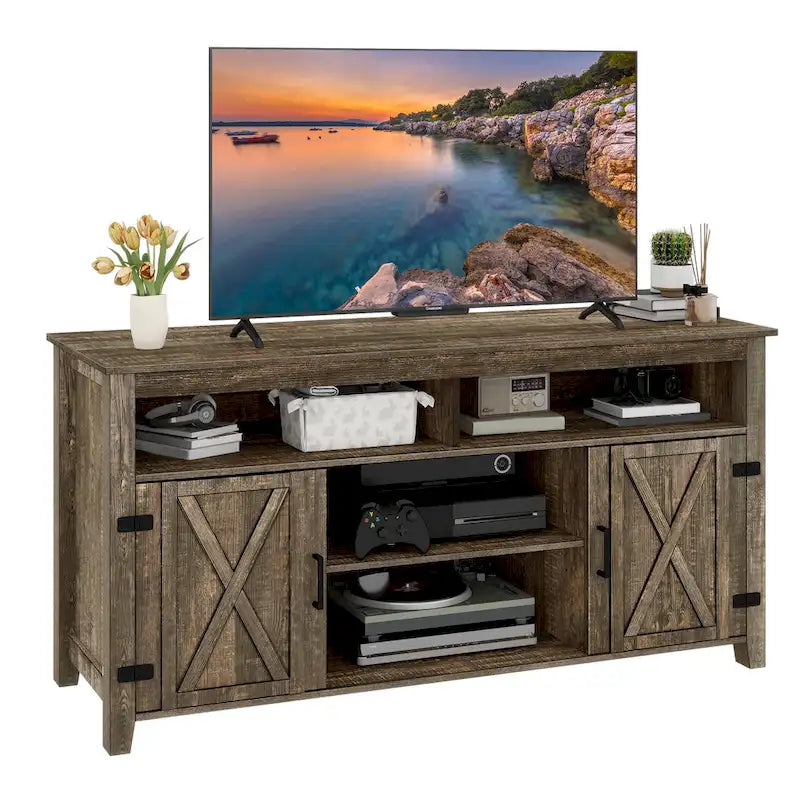 Farmhouse Highboy TV Stand with Barn Door Entertainment Center - Fits 50-65" TVs