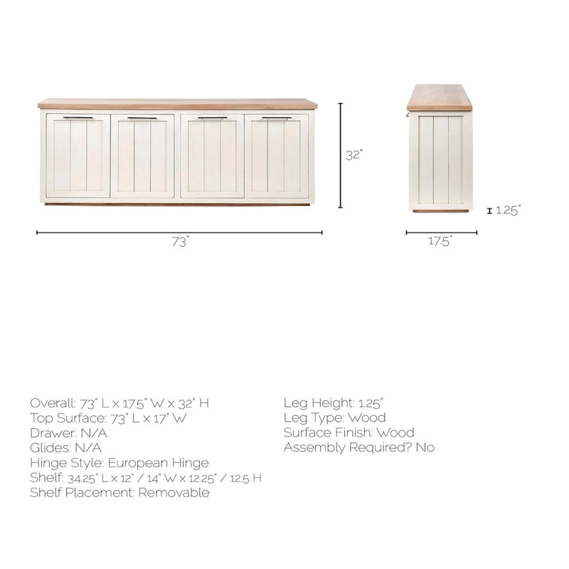 Light Brown & White Solid Wood Sideboard with 4 Cabinet Doors - 73"W x 17"D x 32"H