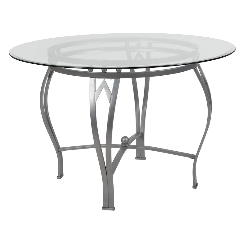 45" Round Glass Dining Table with Bowed Out Metal Frame
