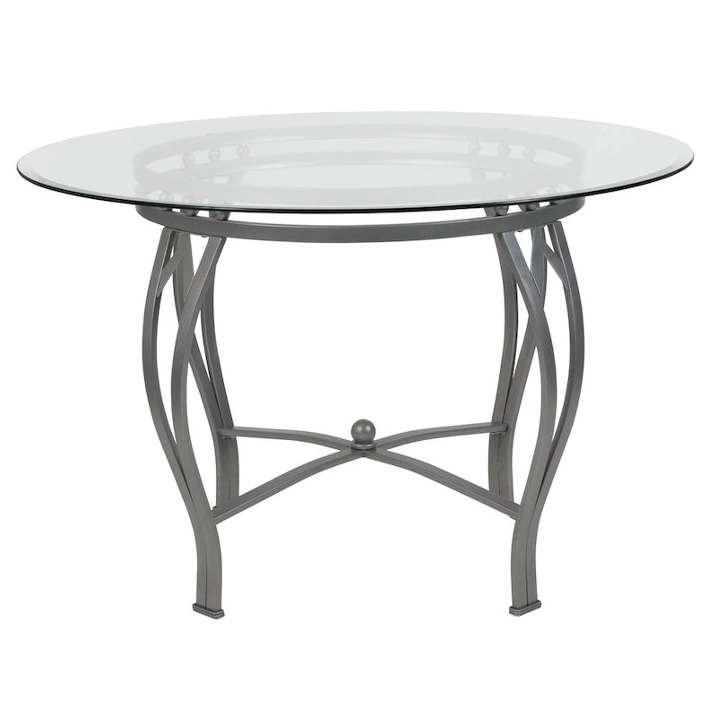 45" Round Glass Dining Table with Bowed Out Metal Frame