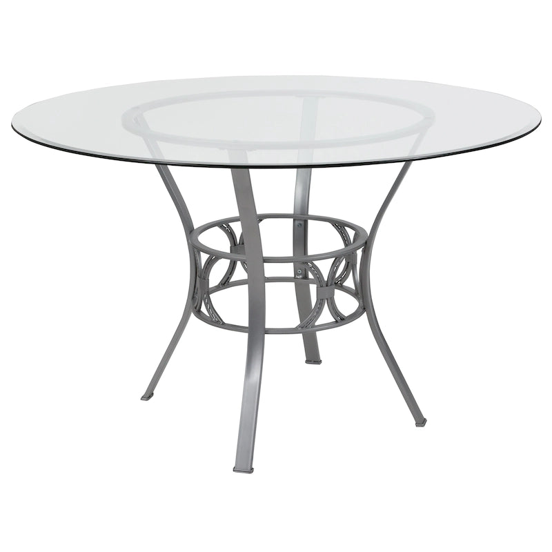 48" Round Glass Dining Table with Crescent Style Metal Frame - 48"W x 48"D x 29.5"H