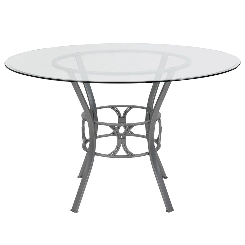 48" Round Glass Dining Table with Crescent Style Metal Frame - 48"W x 48"D x 29.5"H
