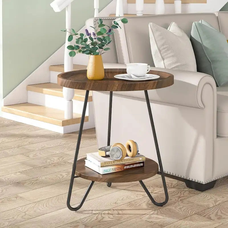2-Tier Round Side Table, Wooden End Table with Metal Legs
