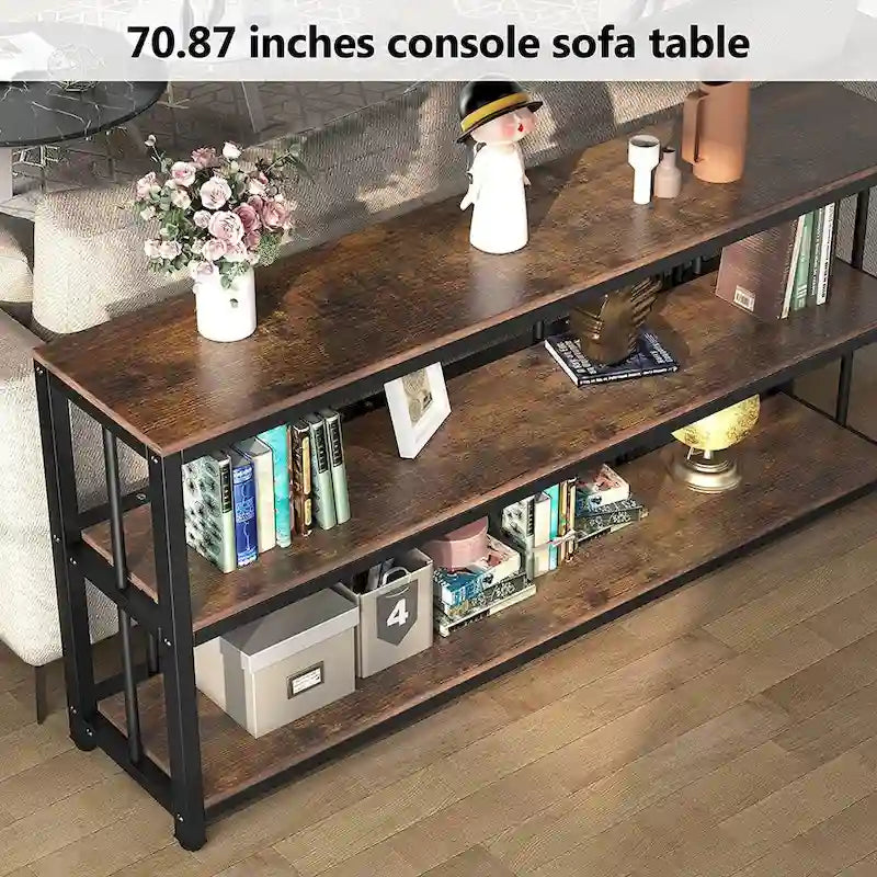 70.9" Console Table - 3-Tier Sofa Table with Shelves, Brown