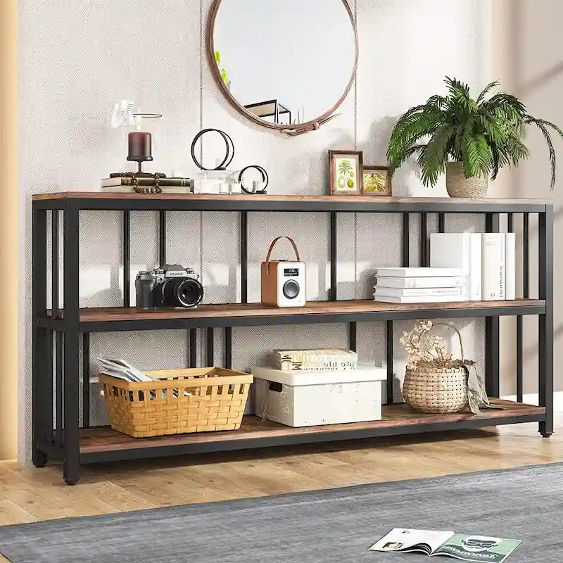 70.9" Console Table - 3-Tier Sofa Table with Shelves, Brown