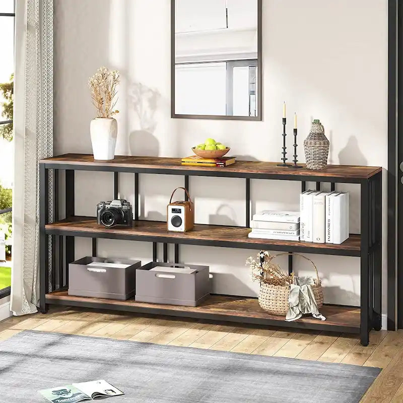 70.9" Console Table - 3-Tier Sofa Table with Shelves, Brown