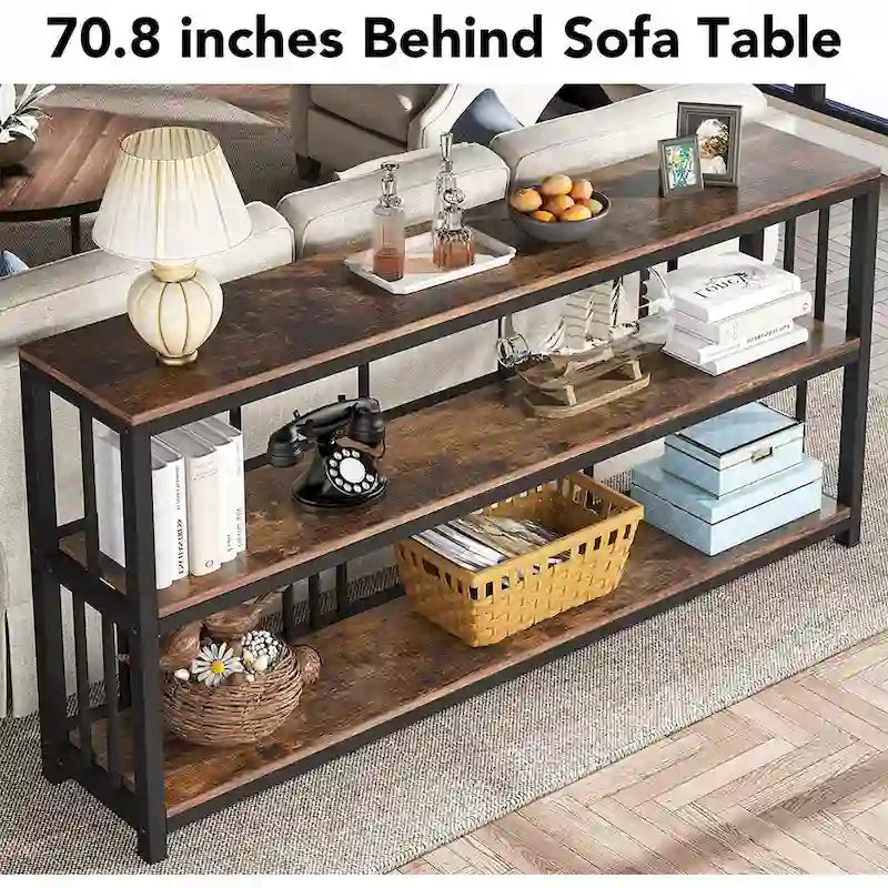 70.9" Console Table - 3-Tier Sofa Table with Shelves, Brown