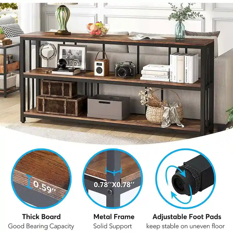 70.9" Console Table - 3-Tier Sofa Table with Shelves, Brown