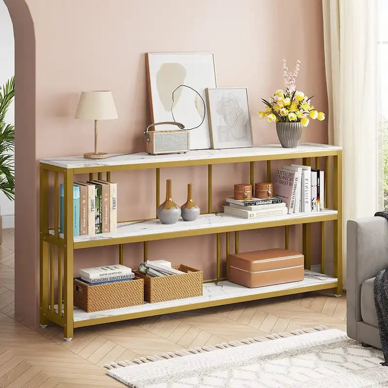 70.9" Console Table - 3-Tier Sofa Table with Shelves, Brown