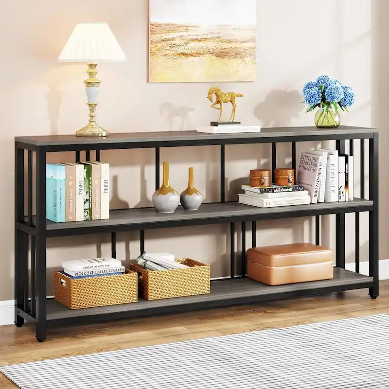 70.9" Console Table - 3-Tier Sofa Table with Shelves, Brown