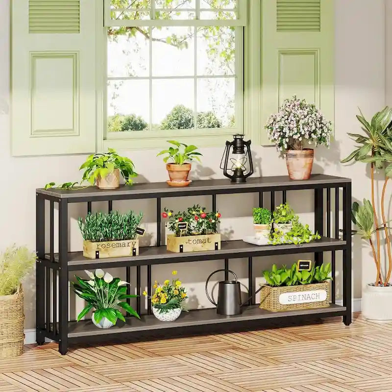 70.9" Console Table - 3-Tier Sofa Table with Shelves, Brown