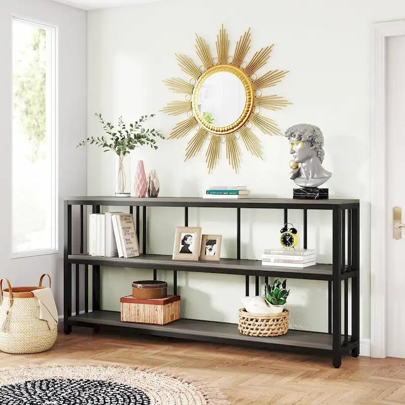 70.9" Console Table - 3-Tier Sofa Table with Shelves, Brown