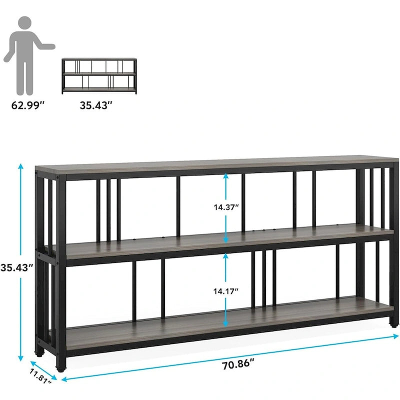 70.9" Console Table - 3-Tier Sofa Table with Shelves, Brown