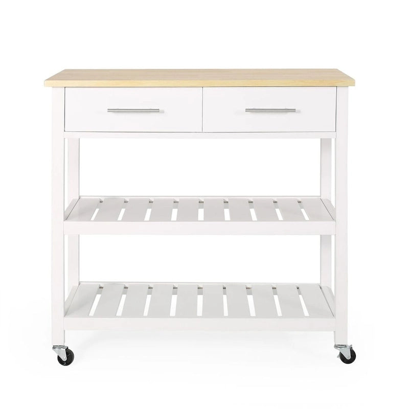 Modern Wood Kitchen Cart with Wheels, Drawers and Shelves