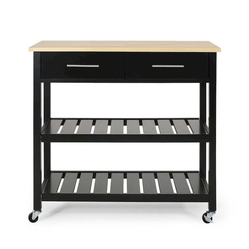 Modern Wood Kitchen Cart with Wheels, Drawers and Shelves