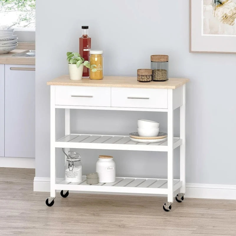 Modern Wood Kitchen Cart with Wheels, Drawers and Shelves