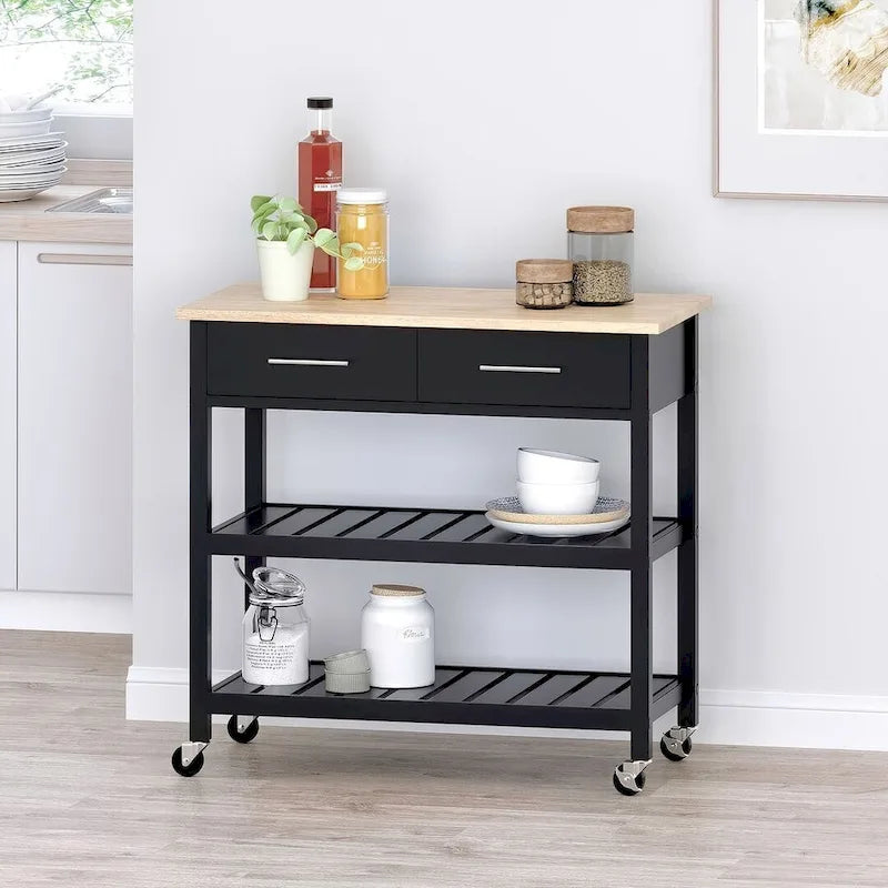 Modern Wood Kitchen Cart with Wheels, Drawers and Shelves