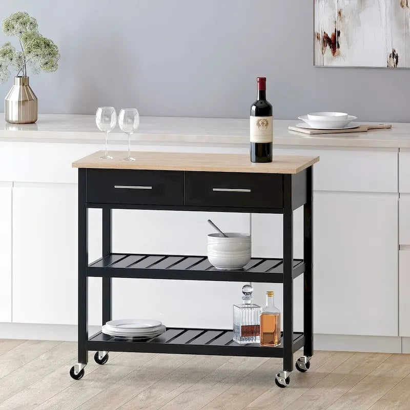 Modern Wood Kitchen Cart with Wheels, Drawers and Shelves