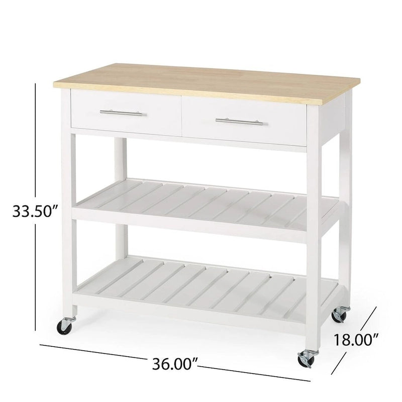 Modern Wood Kitchen Cart with Wheels, Drawers and Shelves