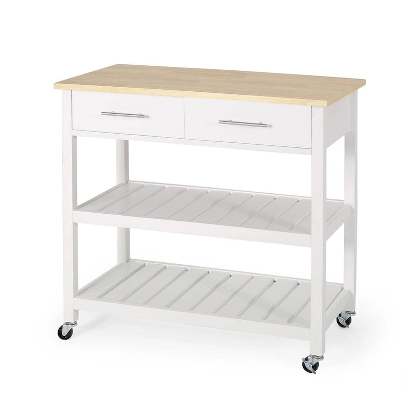 Modern Wood Kitchen Cart with Wheels, Drawers and Shelves