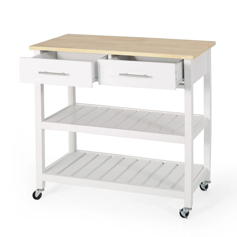 Modern Wood Kitchen Cart with Wheels, Drawers and Shelves
