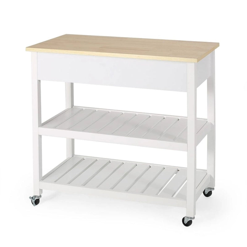 Modern Wood Kitchen Cart with Wheels, Drawers and Shelves