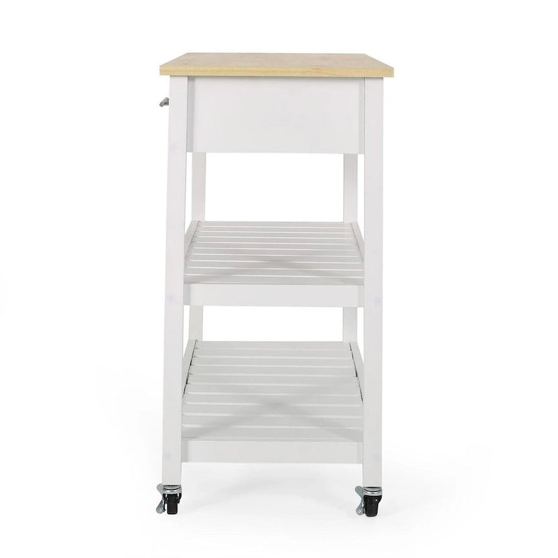 Modern Wood Kitchen Cart with Wheels, Drawers and Shelves
