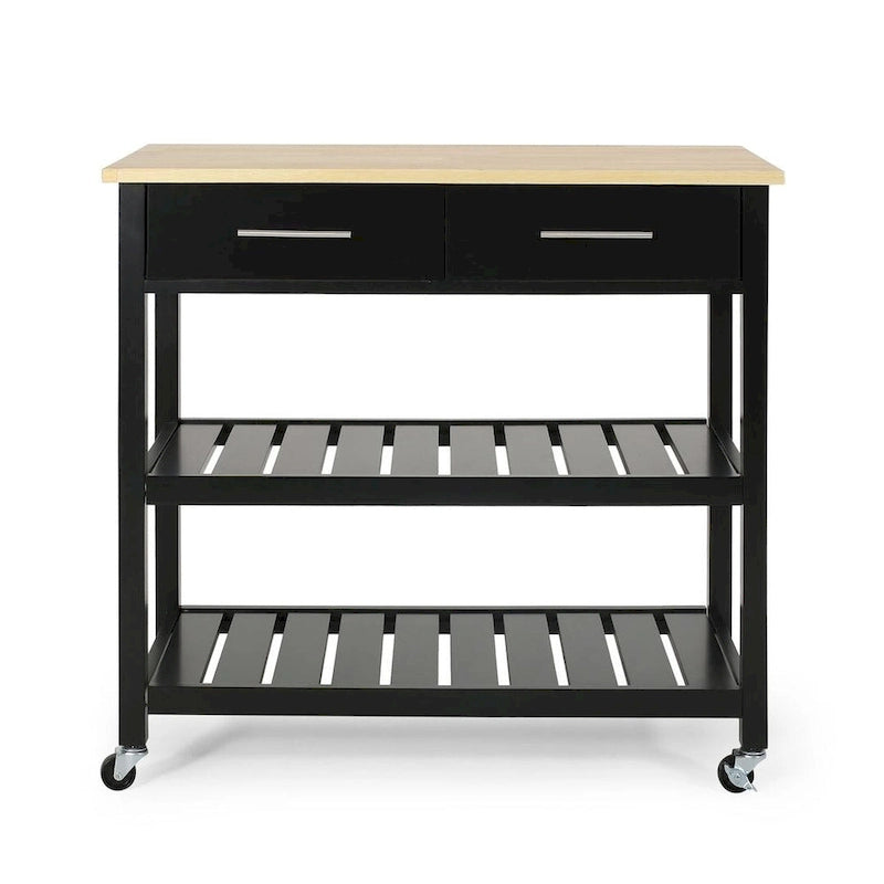 Modern Wood Kitchen Cart with Wheels, Drawers and Shelves