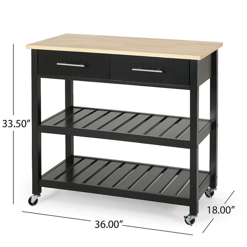 Modern Wood Kitchen Cart with Wheels, Drawers and Shelves