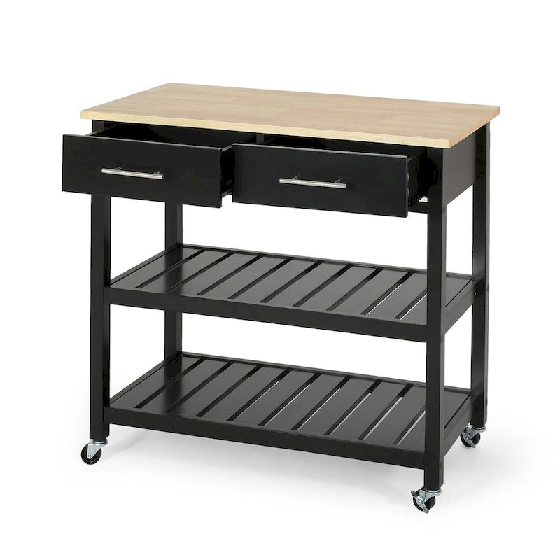 Modern Wood Kitchen Cart with Wheels, Drawers and Shelves