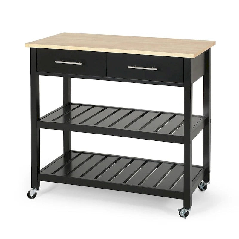 Modern Wood Kitchen Cart with Wheels, Drawers and Shelves