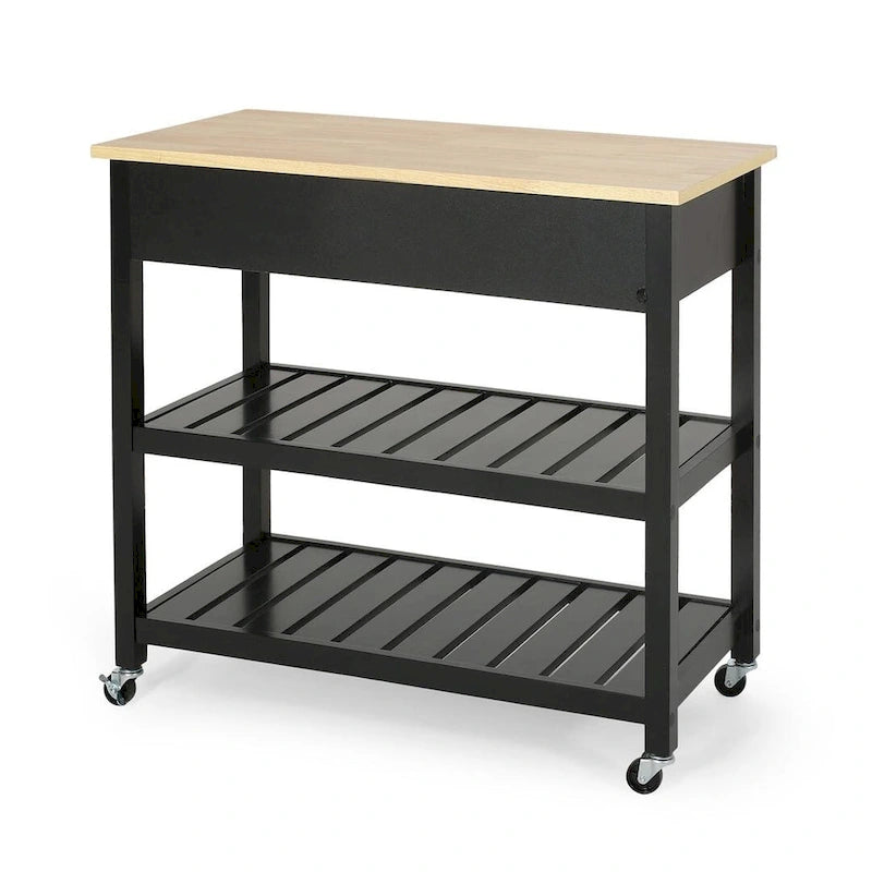 Modern Wood Kitchen Cart with Wheels, Drawers and Shelves