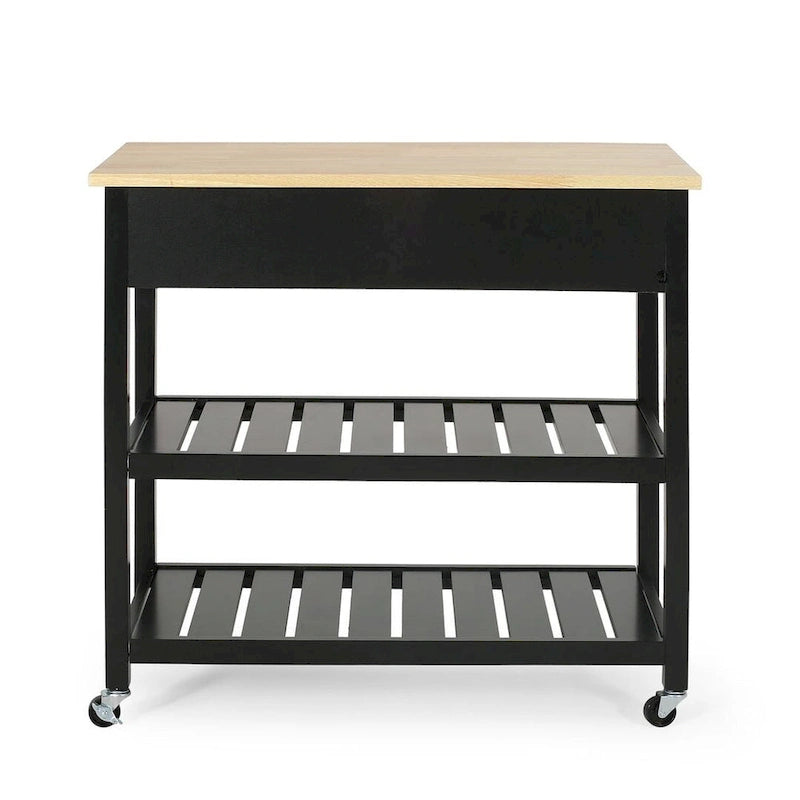 Modern Wood Kitchen Cart with Wheels, Drawers and Shelves
