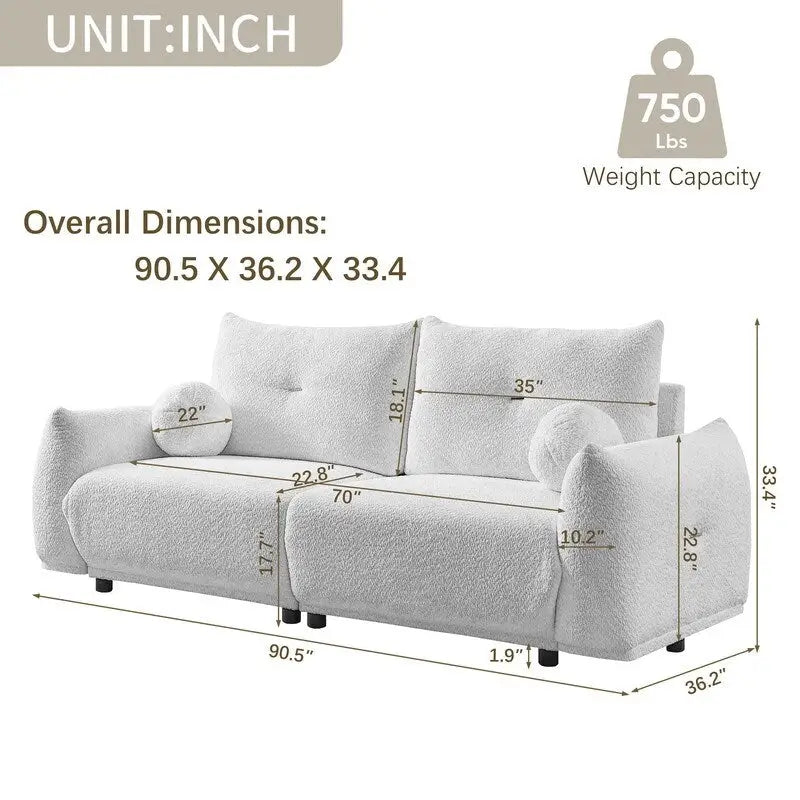90" Mid-Century Modern Sofa with 2 Cushions and 2 Ball Pillows