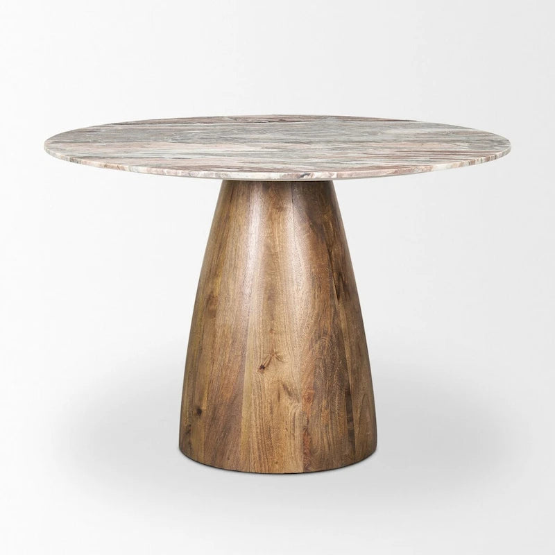 Round Medium Brown Pedestal Dining Table with Pink Marble Top - 42"L x 42"W x 30"H