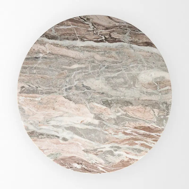 Round Medium Brown Pedestal Dining Table with Pink Marble Top - 42"L x 42"W x 30"H