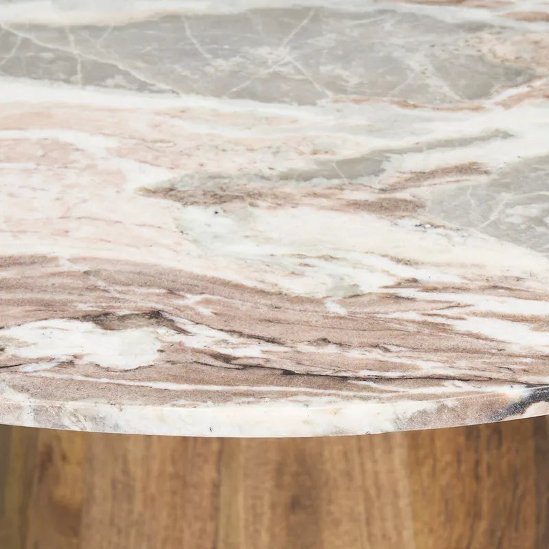 Round Medium Brown Pedestal Dining Table with Pink Marble Top - 42"L x 42"W x 30"H