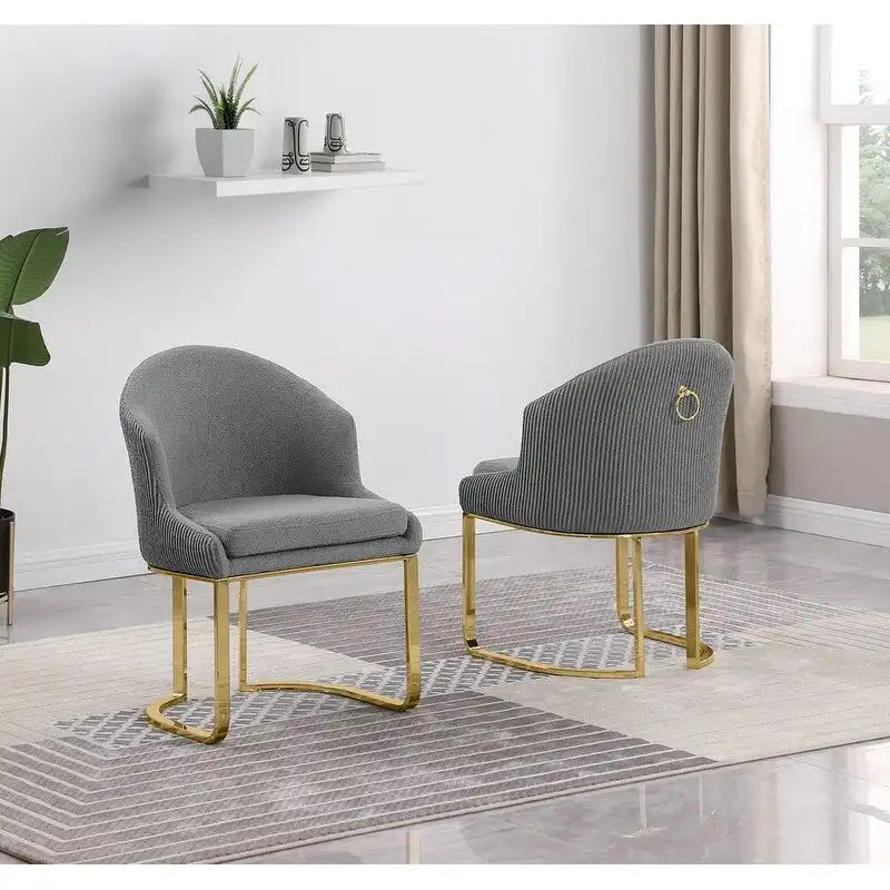Button-Tufted Teddy Fabric Dining Chairs with Gold Chrome Frame (Set of 2)