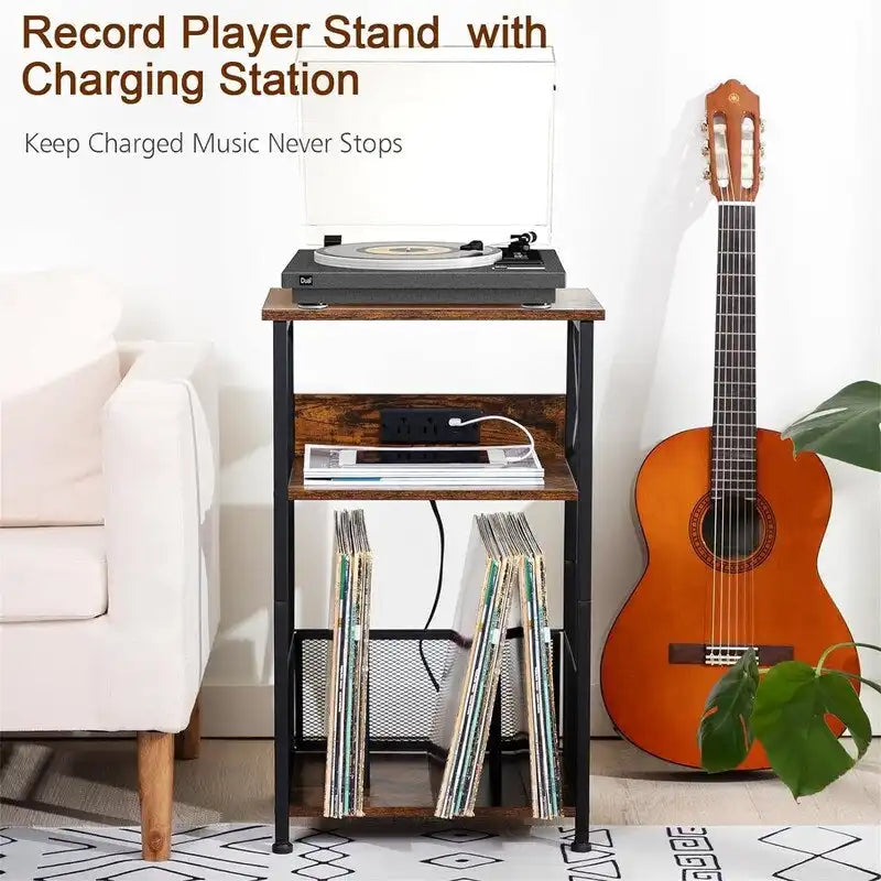 Record Player Stand with Charging Station - 15.75 x 11.41 x 25.59